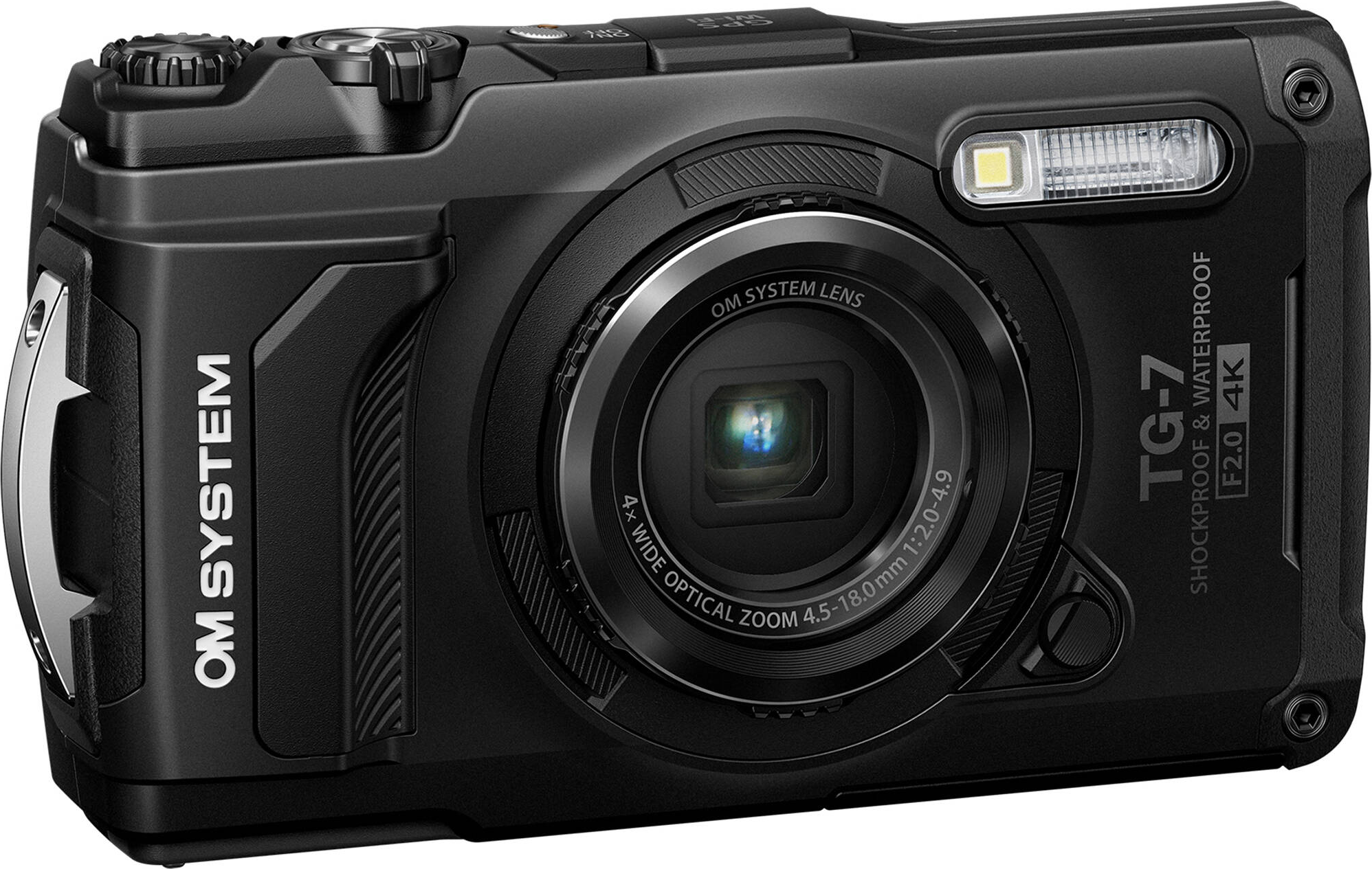 Appareil photo noir OM System TG-7 avec objectif grand angle et flash.