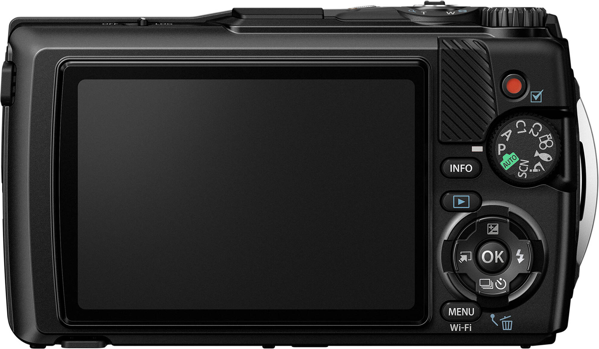 Vue arrière d'un appareil photo numérique noir avec grand écran et boutons de commande.