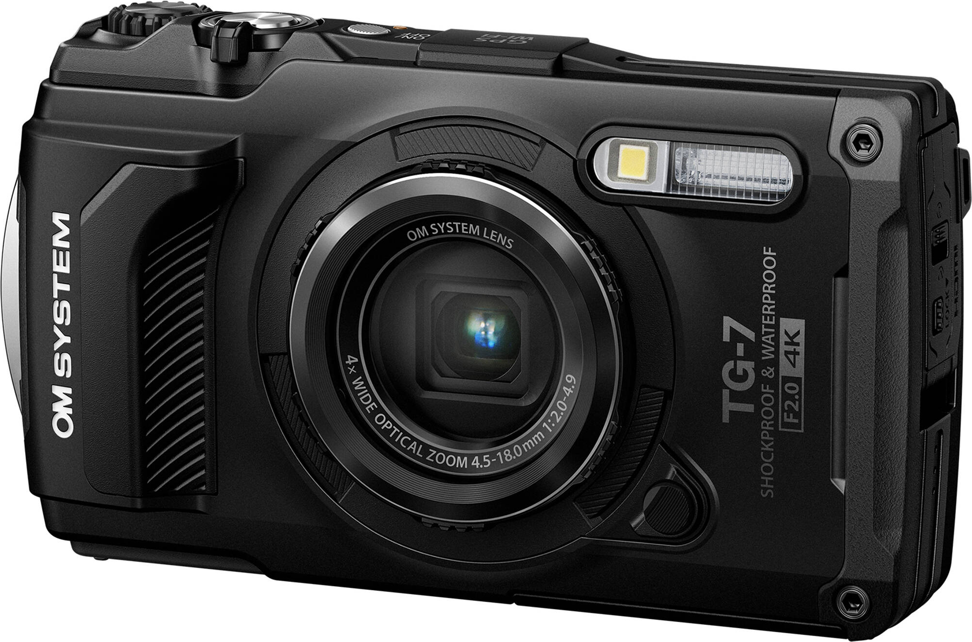Appareil photo noir OM System TG-7 avec objectif zoom 4x, flash et texte.