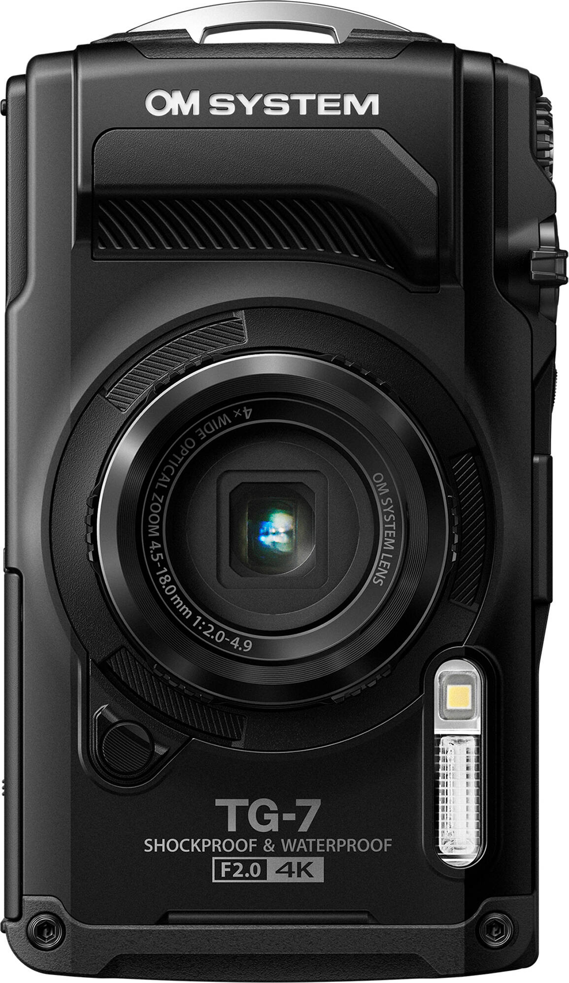 Appareil photo noir OM SYSTEM TG-7 avec zoom et flash.