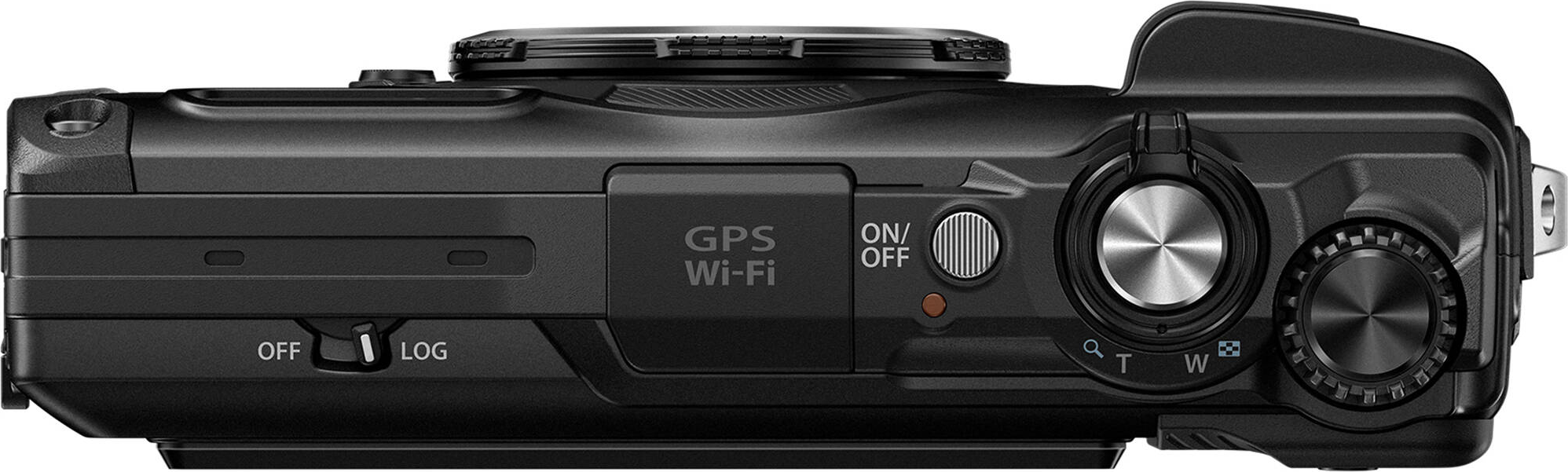 Vue de dessus d'un appareil photo noir avec boutons, interrupteurs et étiquettes GPS/Wi-Fi.