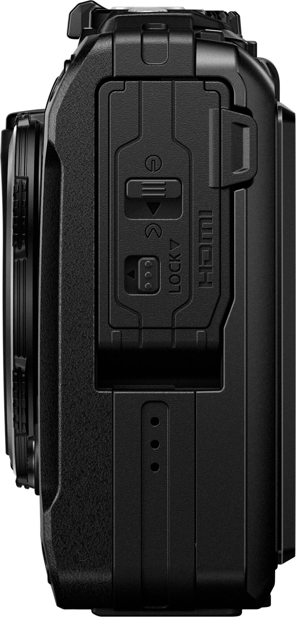 L'appareil photo noir a un interrupteur de verrouillage, un port HDMI et trois voyants.