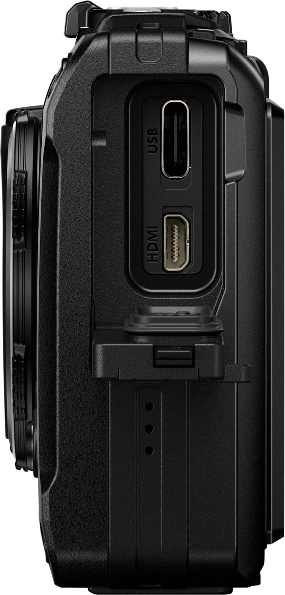 Gros plan d'un appareil photo noir montrant les ports USB et HDMI.