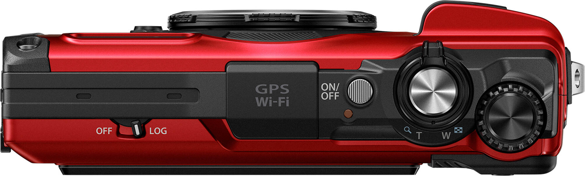 Eine rote Kamera, von oben betrachtet, mit Knöpfen und einem Objektiv. Das Wort 'GPS Wi-Fi' ist sichtbar.
