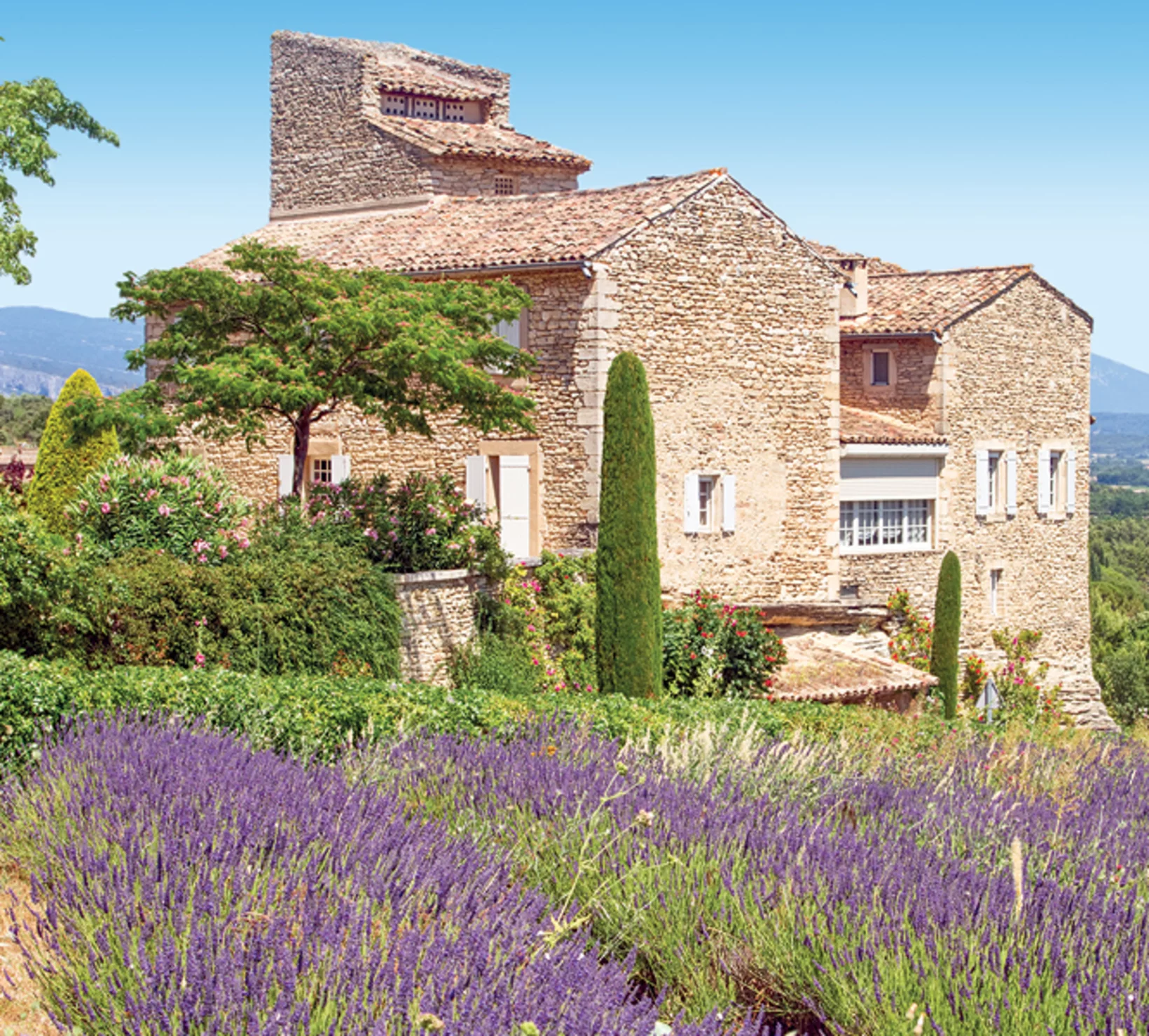 Casa in pietra con tetto di tegole, circondata da campo di lavanda, alberi e cielo blu.