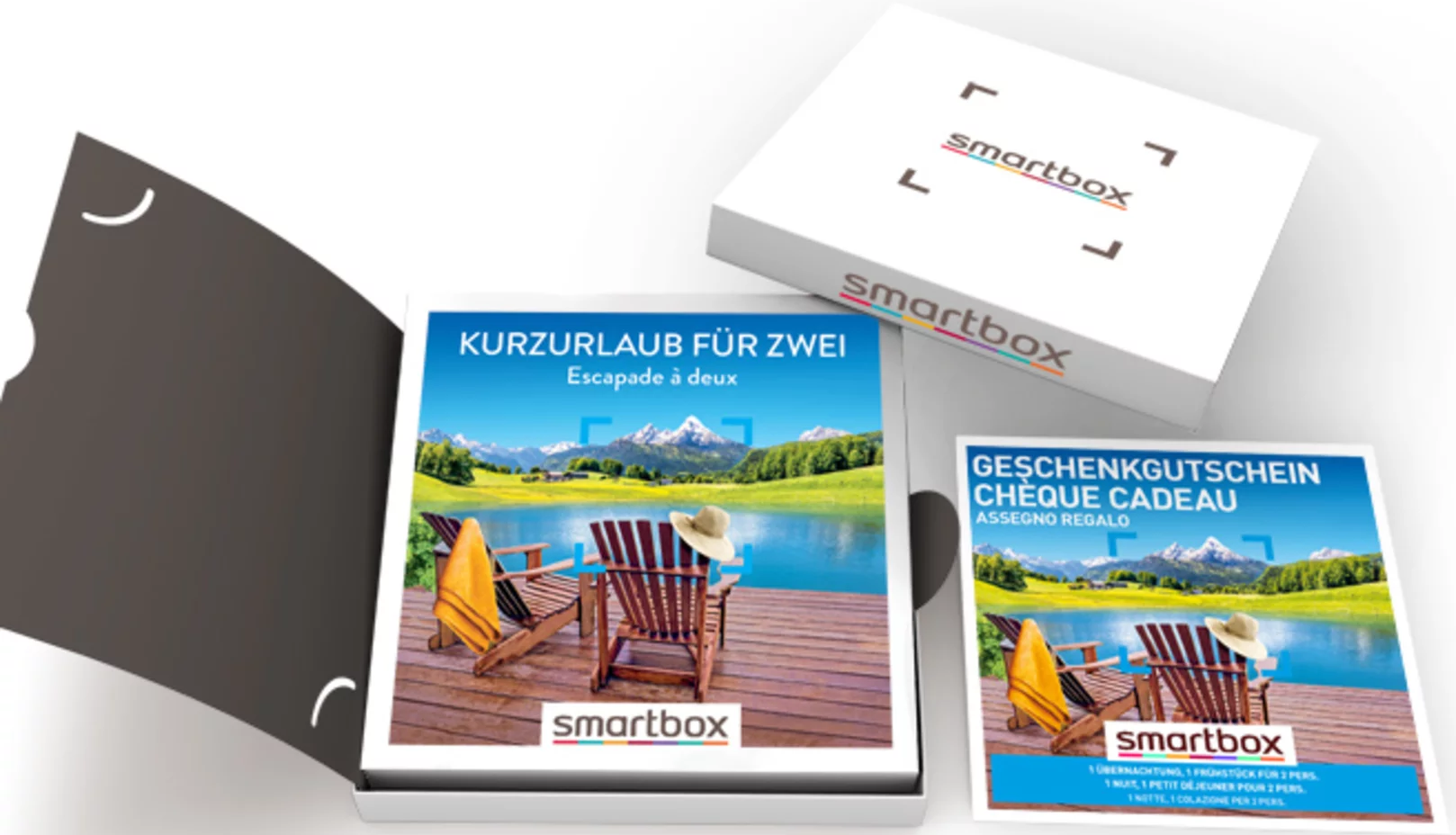 Set regalo Smartbox con brochure con scena di spiaggia e una scatola.