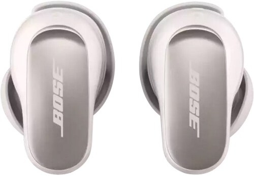 Zwei weiße Bose-Ohrhörer. Bose-Logo auf jedem Ohrhörer.