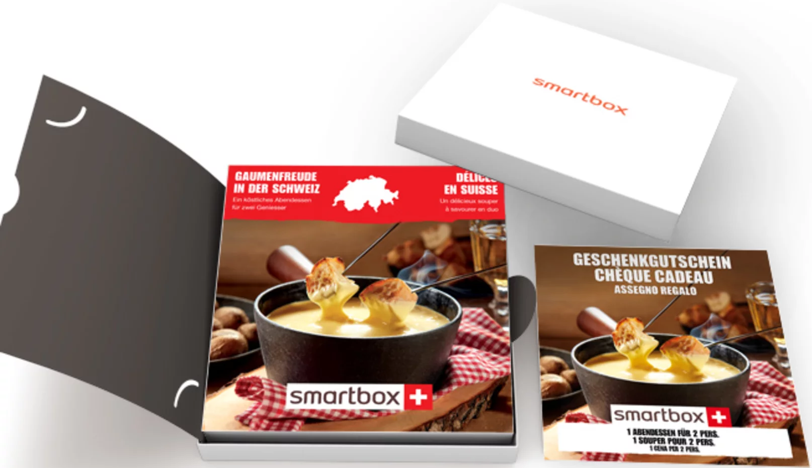 Confezione regalo Smartbox, aperta per mostrare ingredienti fondue, testo e illustrazione pentola formaggio.