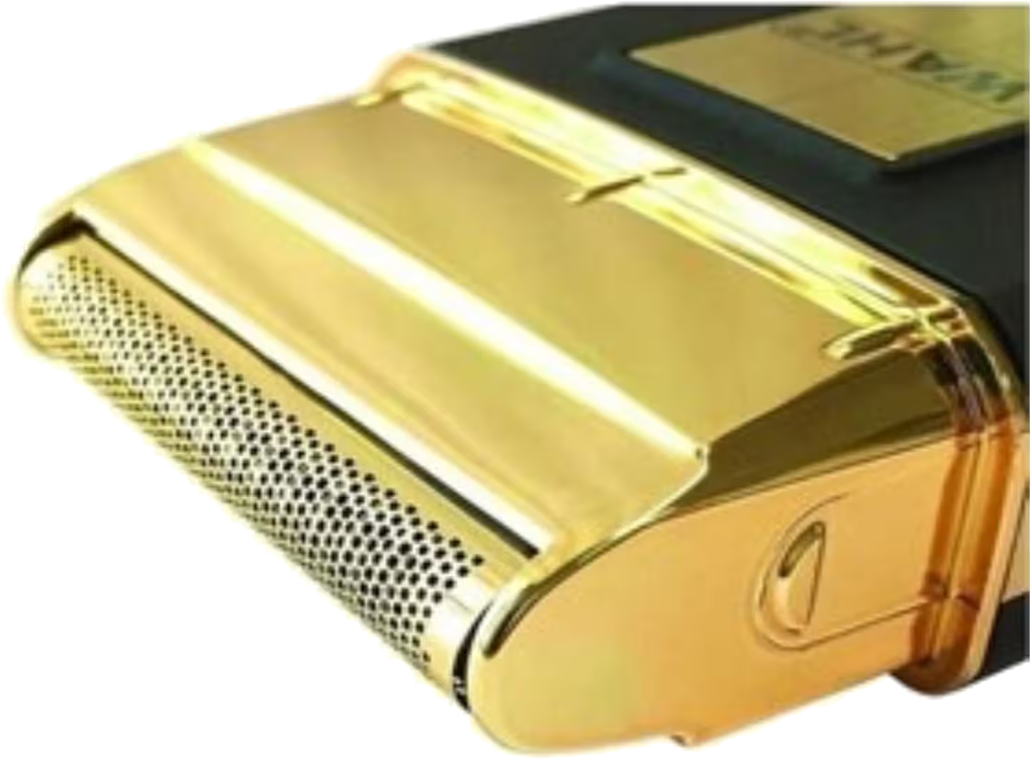Goldener Rasiererkopf, Nahaufnahme, mit Netzgitter und gebogenen Kanten.