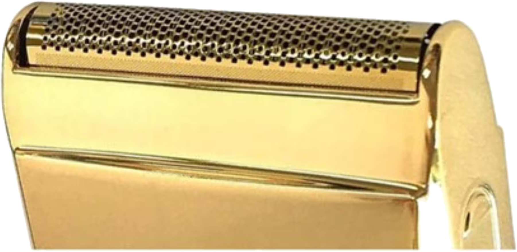 Nahaufnahme einer goldenen Rasierklinge mit perforierter Lochblende und glänzender Oberfläche.