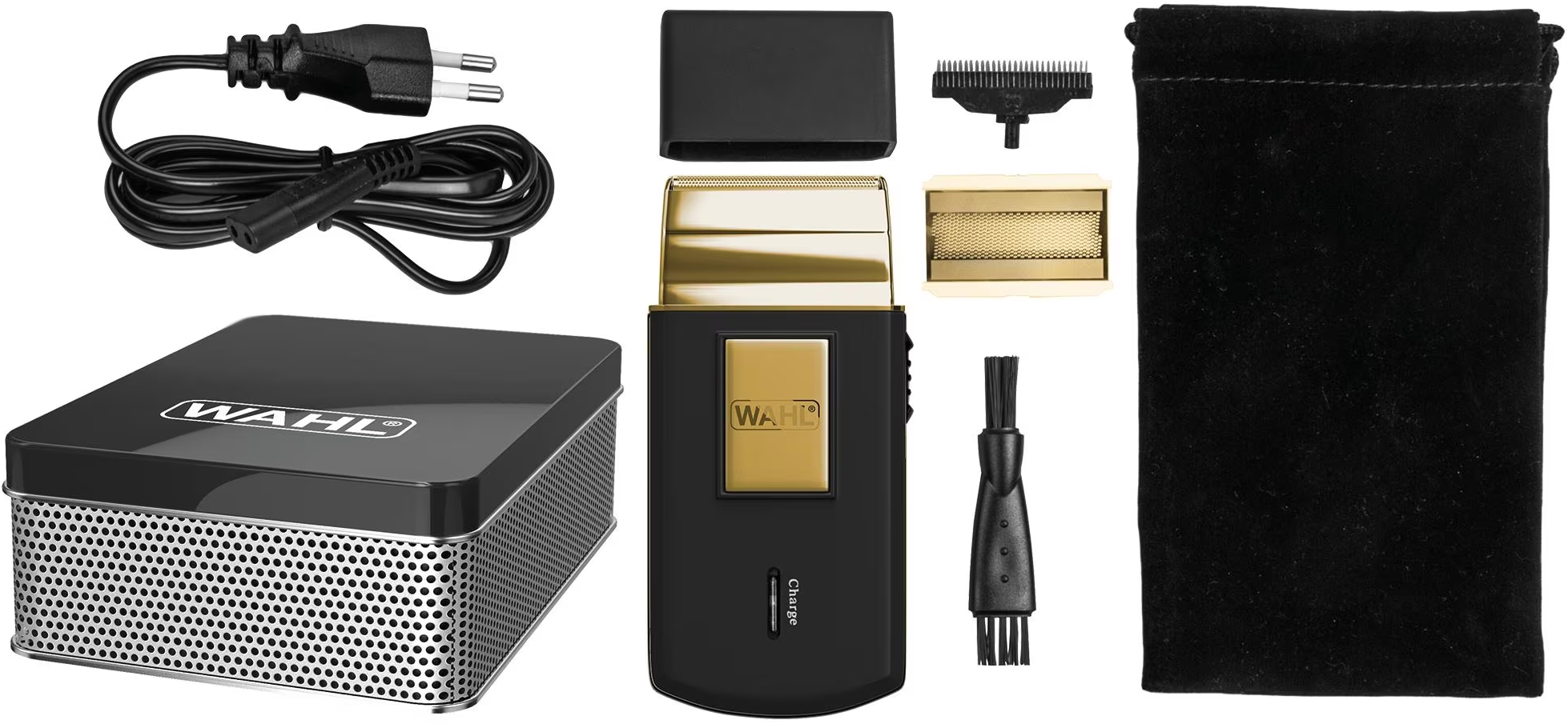 Ein offener schwarz-goldener Rasierer mit Zubehör, einschließlich Ladekabel und Beutel.