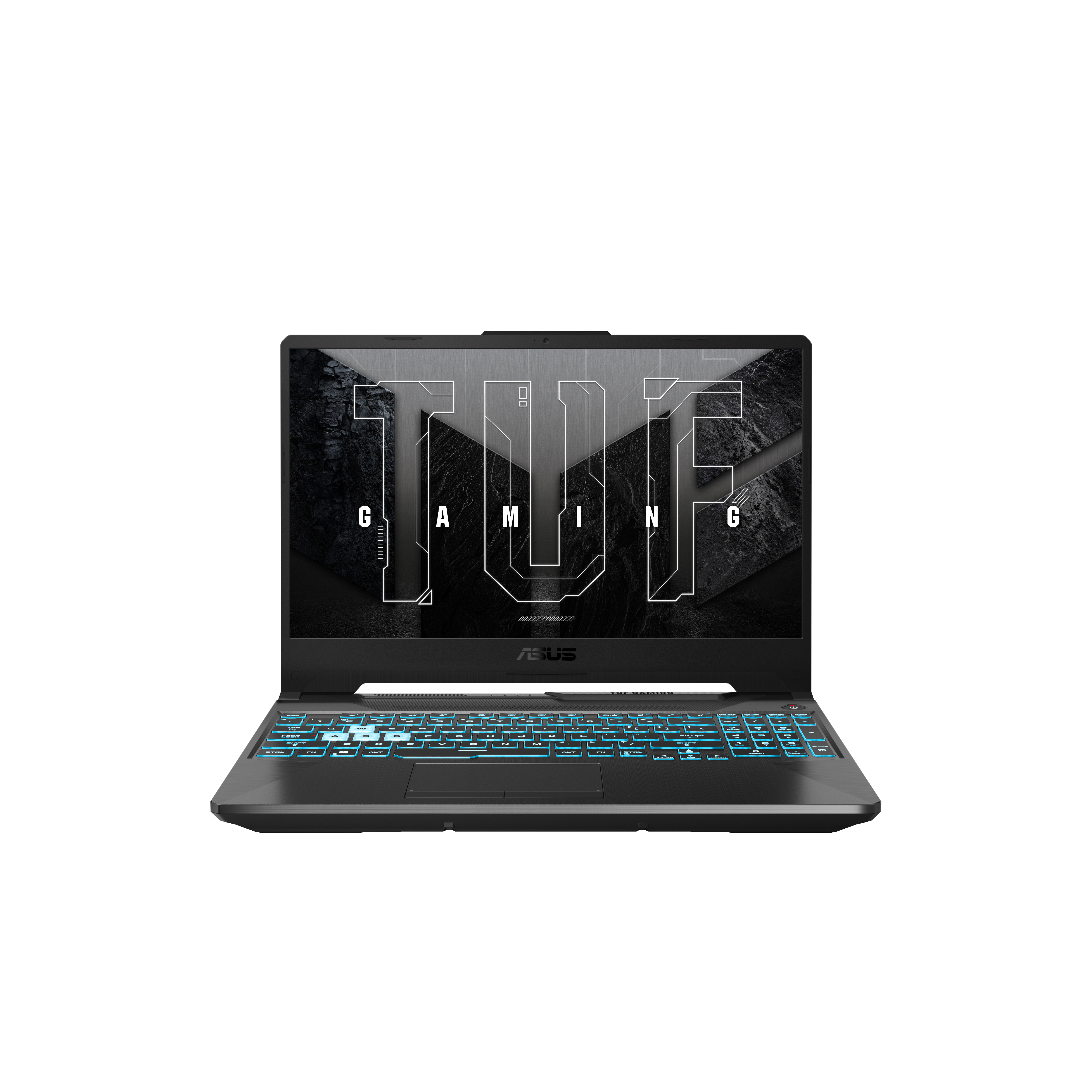 Portátil Asus negro con teclado iluminado. La pantalla muestra un logotipo de TUF. Está sobre una superficie negra.