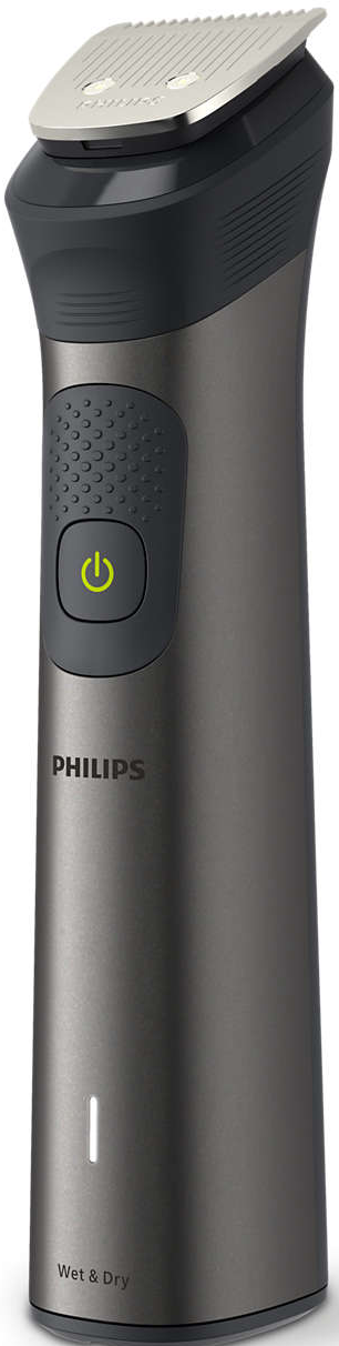 Tondeuse Philips noire et grise. La tondeuse a un bouton d'alimentation vert et une étiquette Wet & Dry.