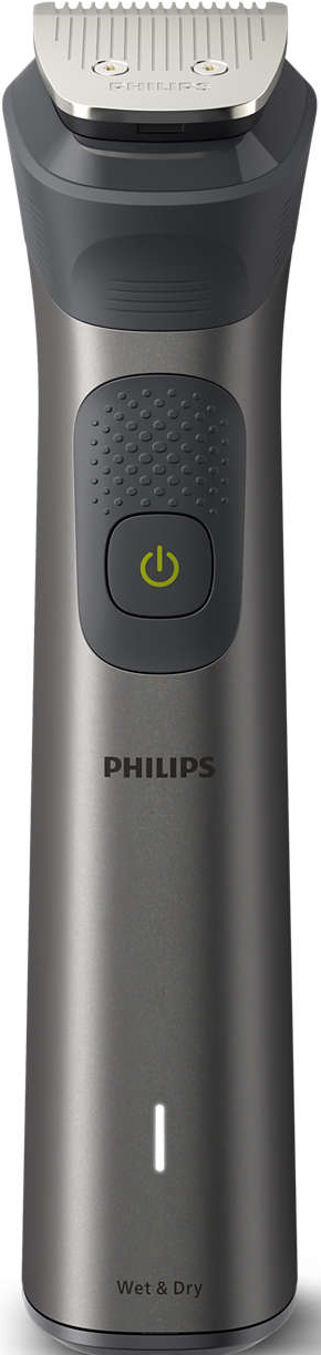 Bodygroomer Philips métallique sur blanc, avec une tête grise et blanche.