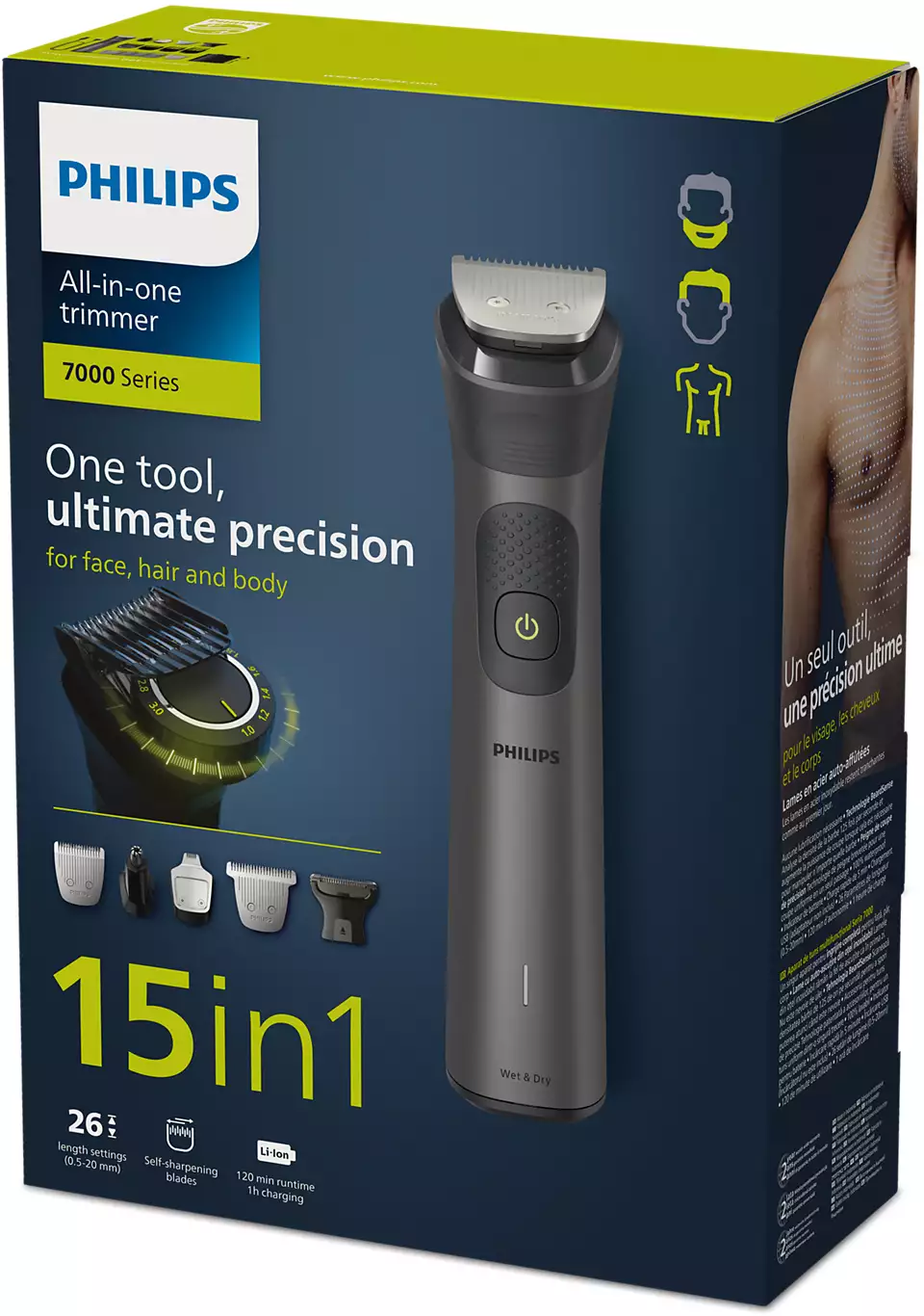 Boîte de la tondeuse Philips Série 7000. Montre la tondeuse et les accessoires avec texte sur la précision.
