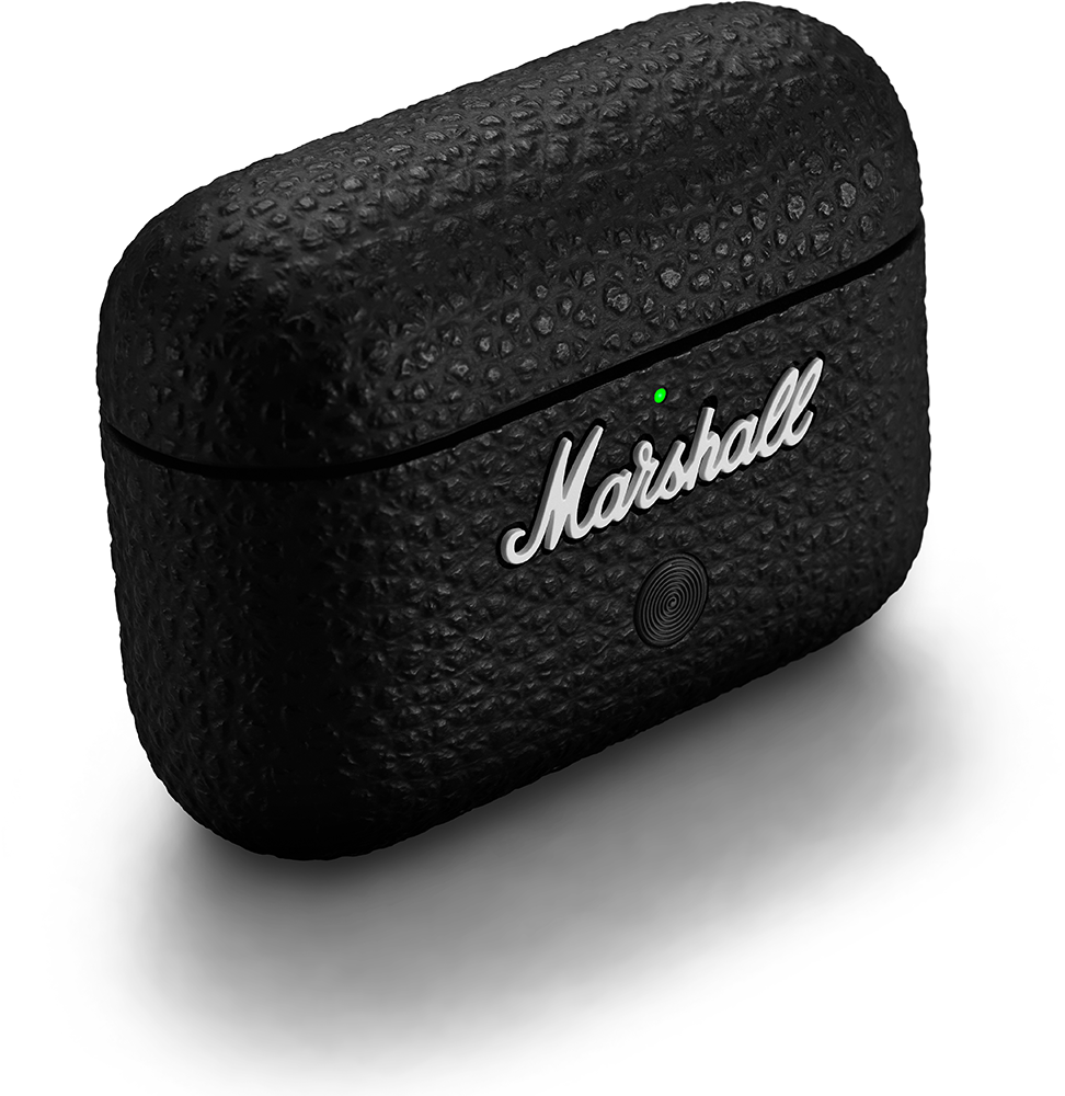 Black Marshall AirPods case with white Marshall branding and a green light.