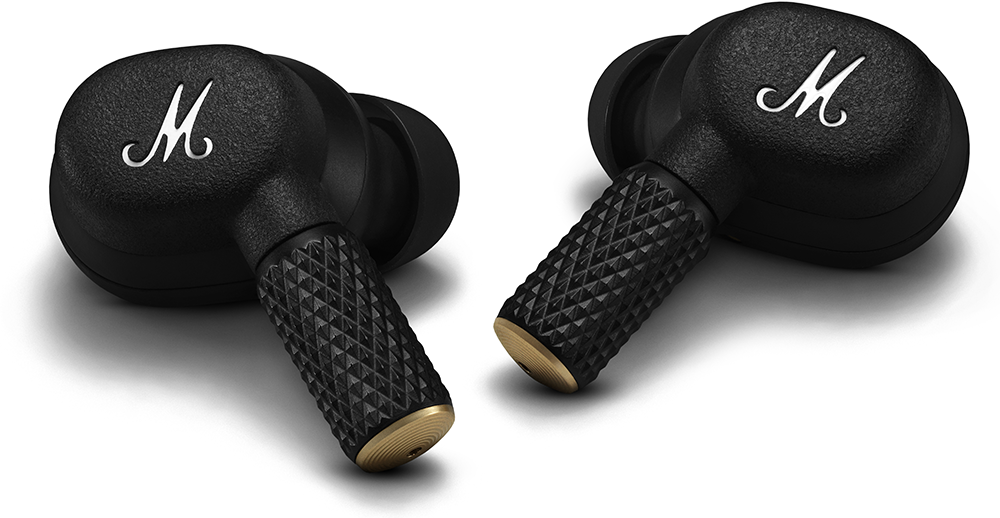 Pair of black Marshall earbuds with gold accents, isolated on white background.