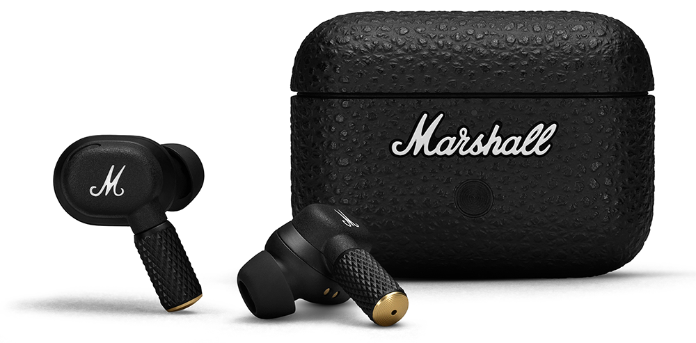 Black Marshall earbuds with a charging case, set against a white background, close-up shot.