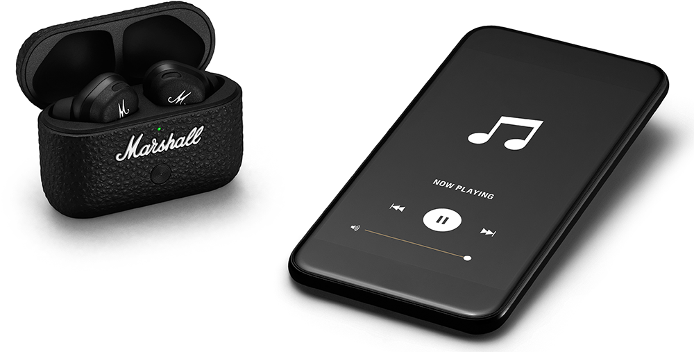 Black earbuds in a case next to a phone displaying a music player interface.