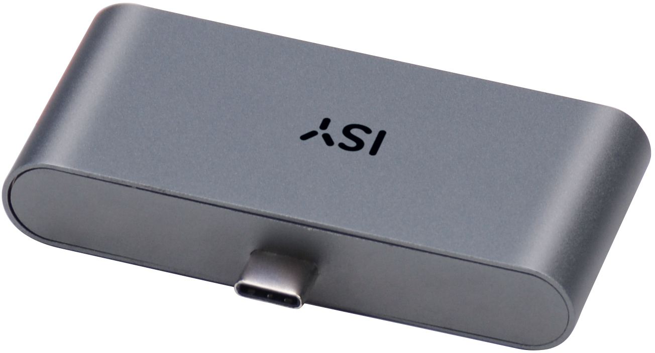 Ein grauer ASI USB-C Hub. Das ASI-Logo ist oben, der USB-C-Anschluss ist sichtbar.