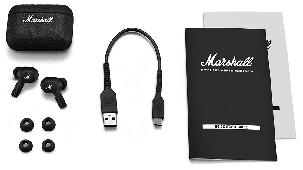 Black Marshall headphones, case, USB-C cable and instructions.