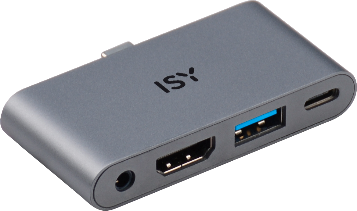 Grauer ISY-USB-Hub mit mehreren Anschlüssen, darunter USB, HDMI und USB-C.