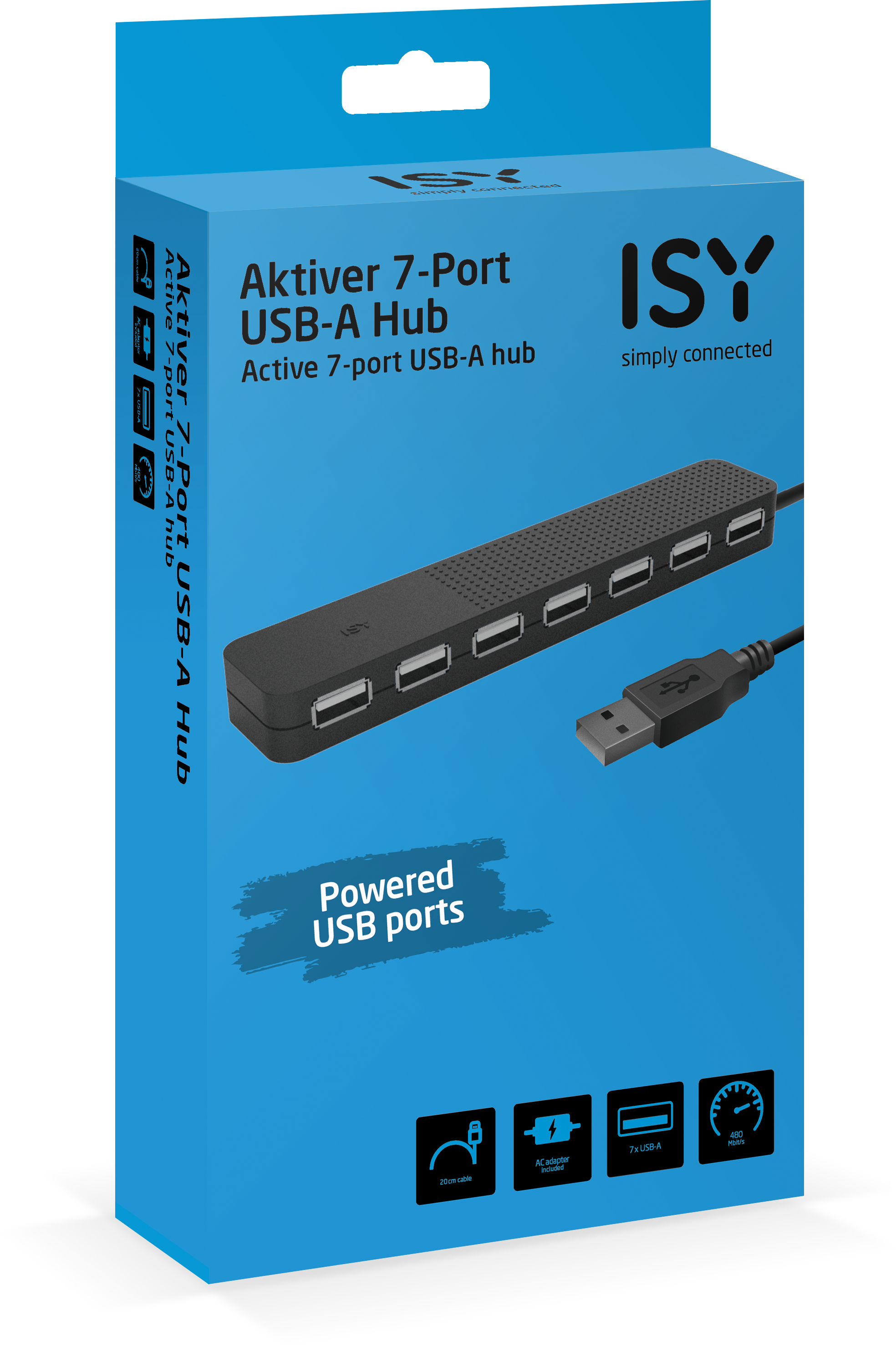 Eine blaue Box mit einem schwarzen USB-Hub und dem ISY-Logo, beschriftet mit 'Powered USB ports'.