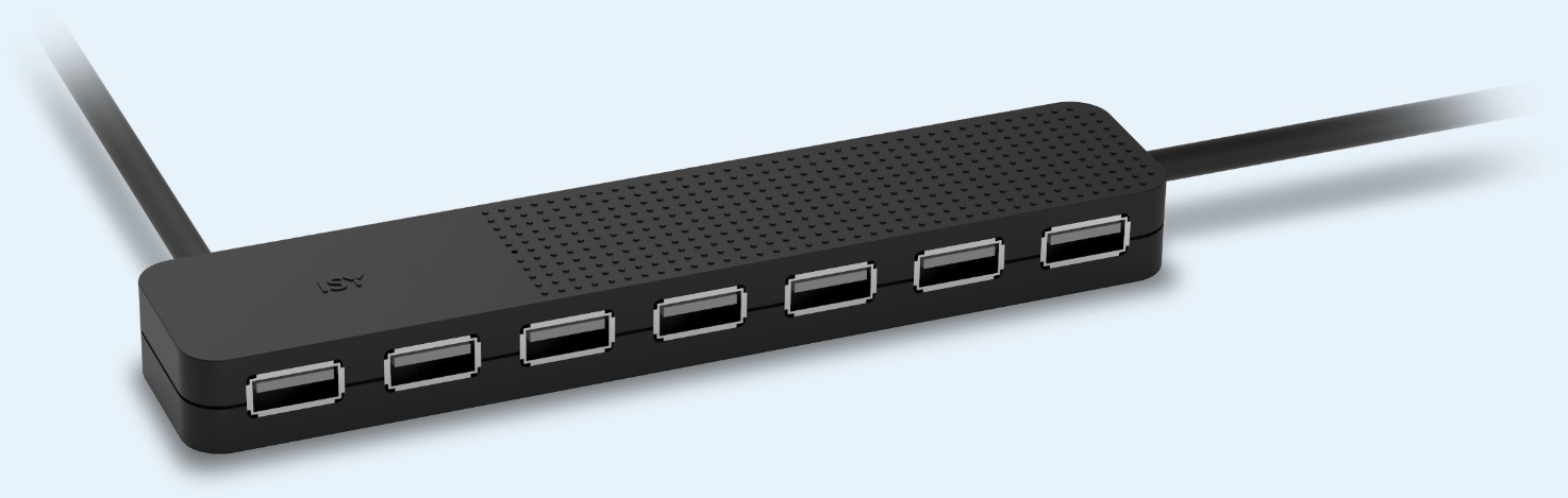 Ein schwarzer USB-Hub mit sieben Anschlüssen. Er befindet sich auf einem weißen und blauen Hintergrund.