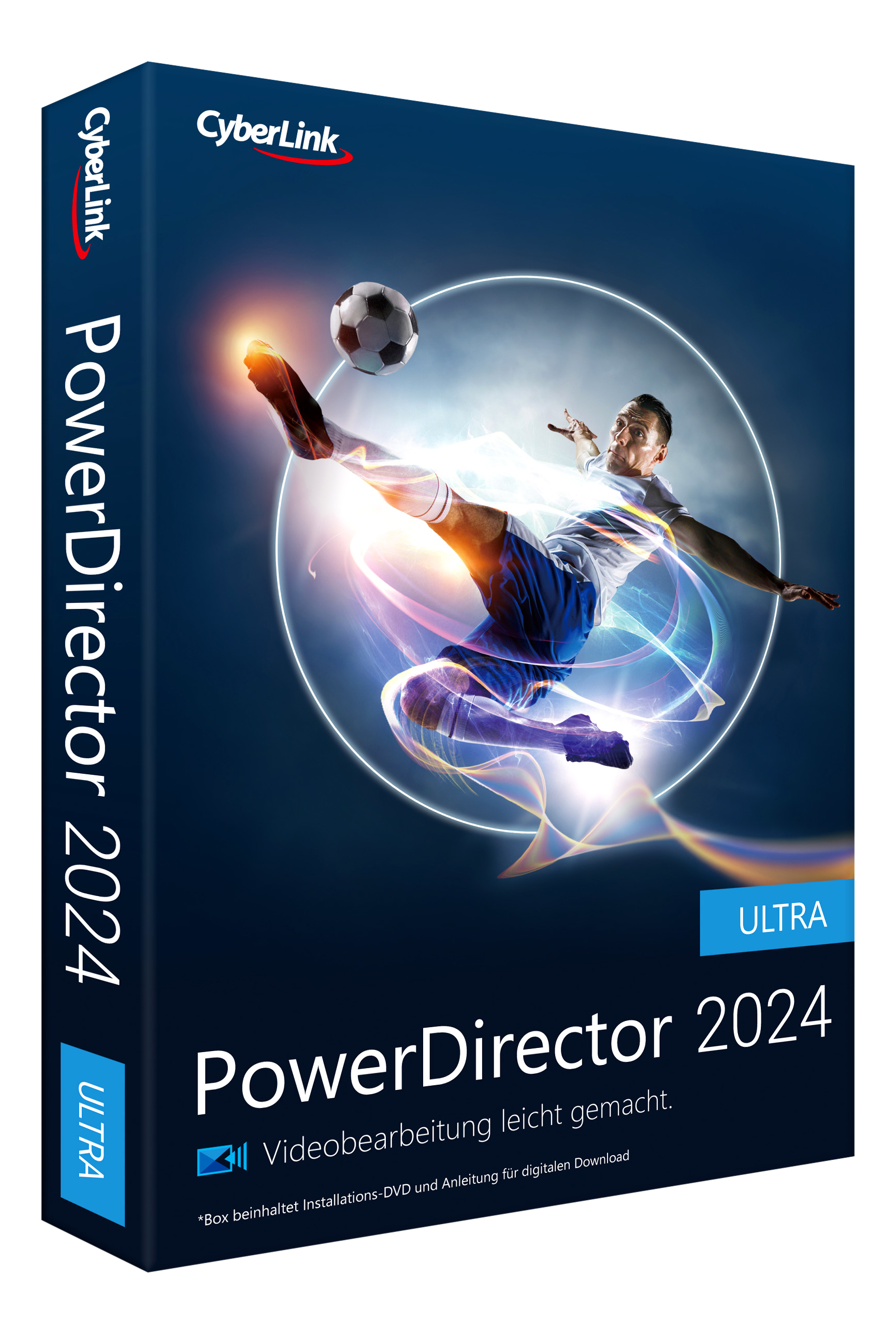 PowerDirector 2024 Softwarebox. Ein Fußballspieler schießt einen Ball. Text: Videobearbeitung leicht gemacht.