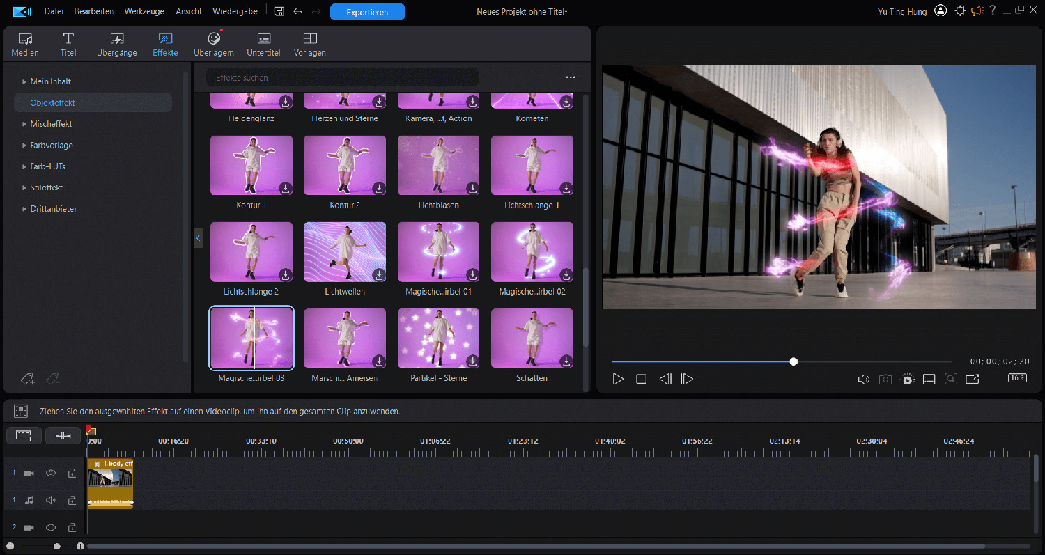 Videoschnittsoftware-Oberfläche mit mehreren Videoclips und Effekten.