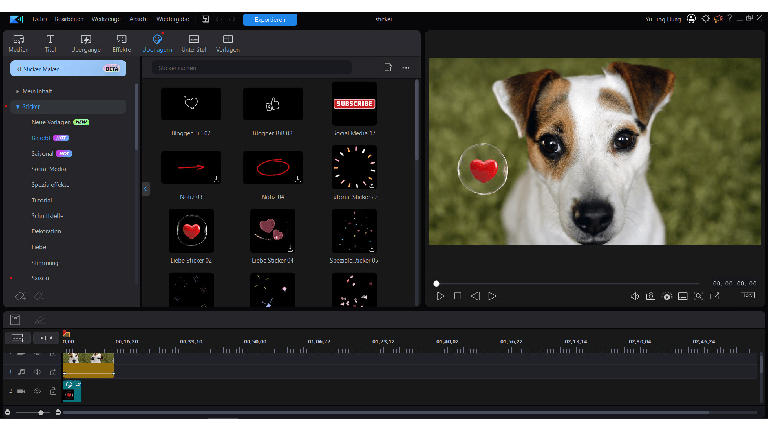 Ein Computerbildschirm zeigt eine Video-Editing-Software-Oberfläche mit einem Hundebild.