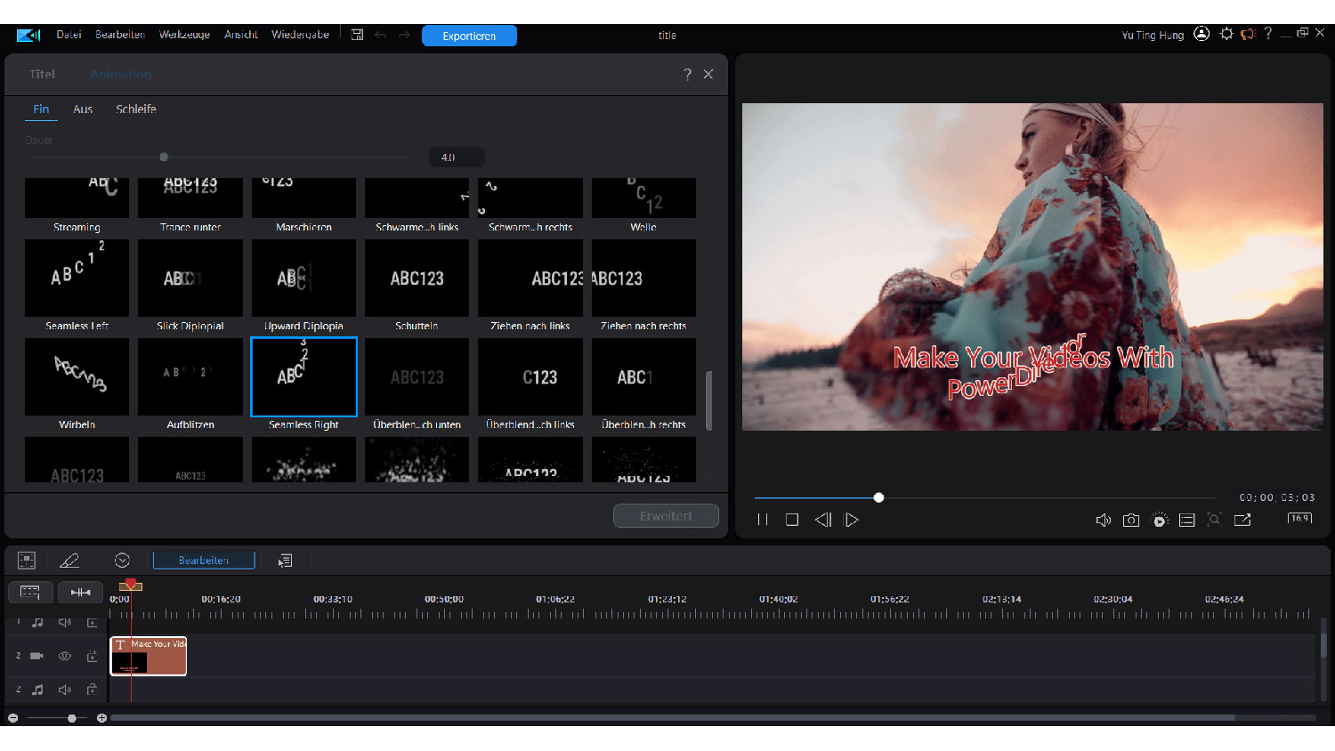 Ein Computerbildschirm, der eine Videoschnittstellensoftware mit Text und Video-Timeline zeigt.