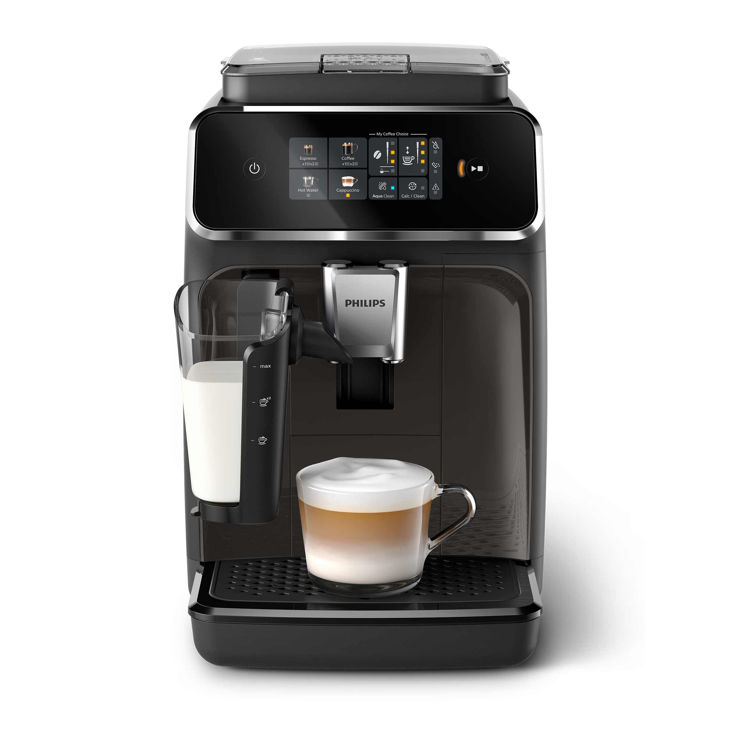 Czarny i srebrny ekspres do kawy ze szklanką mleka i filiżanką kawy.