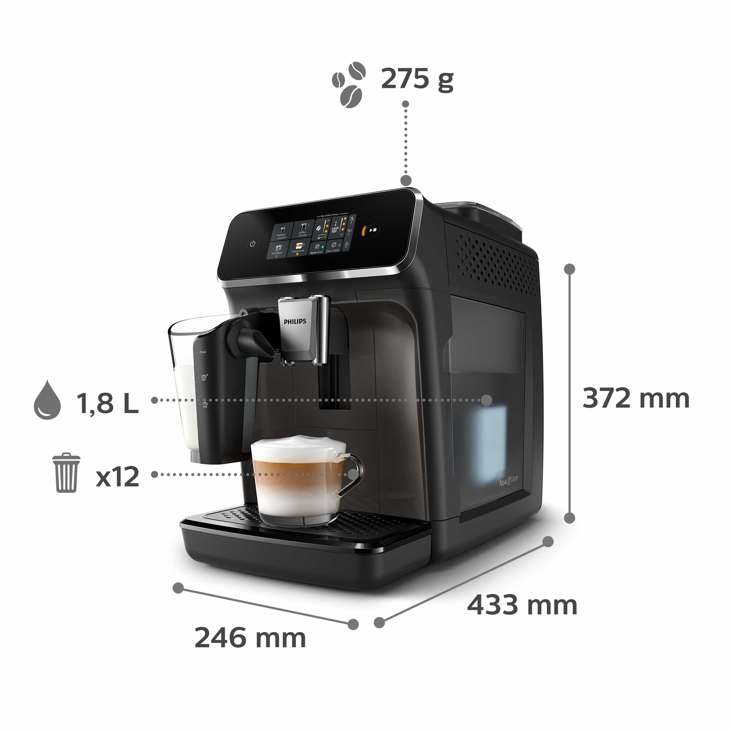 Czarny ekspres do kawy z wymiarami. Filiżanka kawy na tacy.