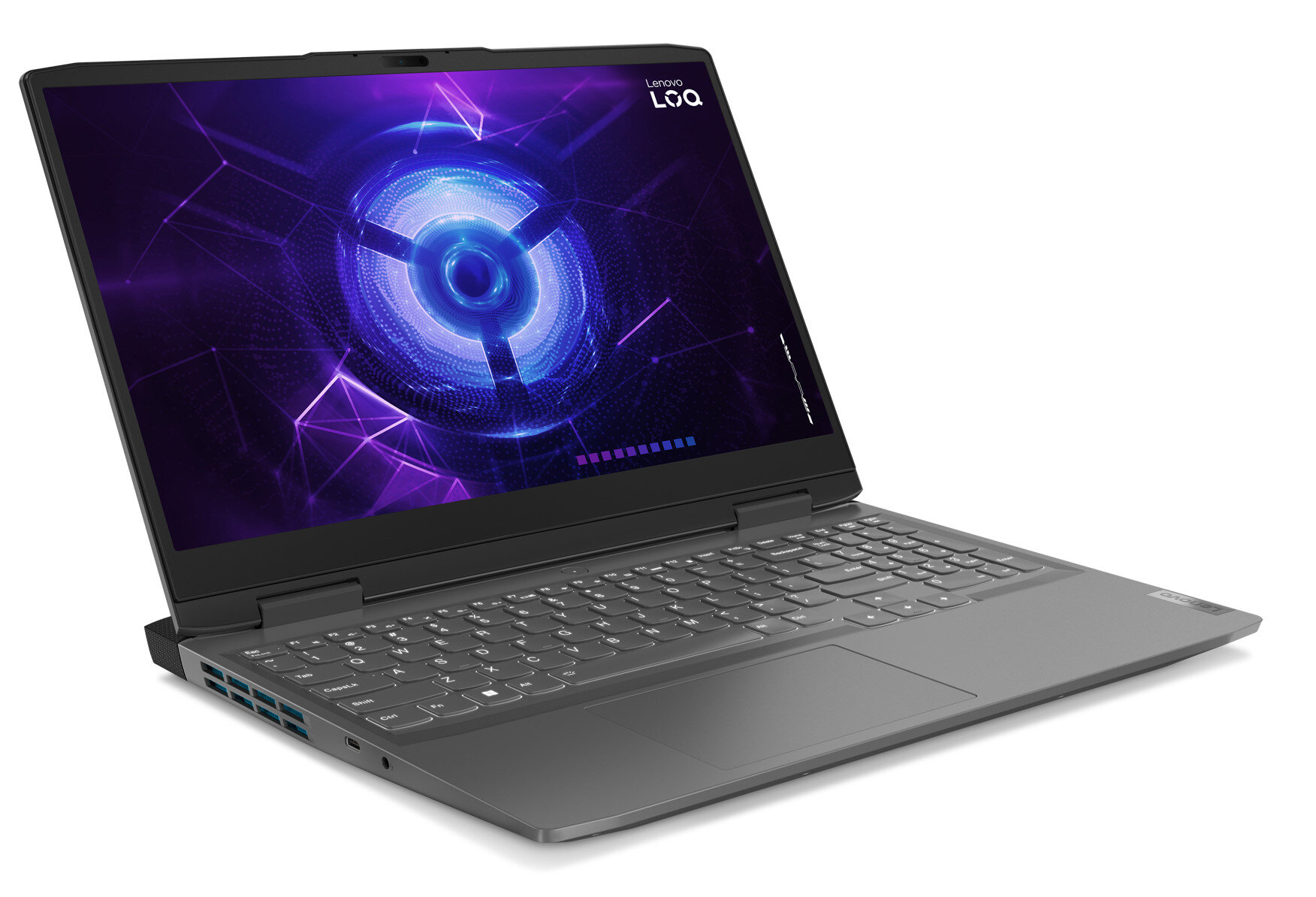 Szary laptop jest otwarty. Ma ekran wyświetlający niebiesko-fioletową grafikę. Białe tło.