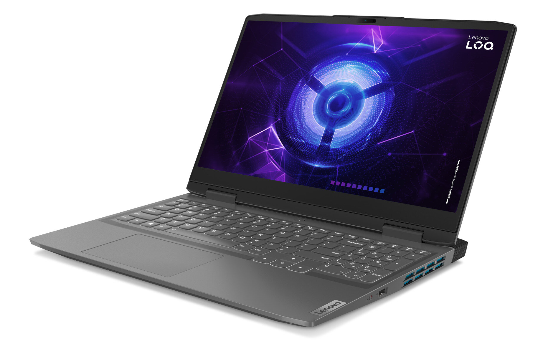 Szary laptop Lenovo z żywym ekranem wyświetlającym grafikę o tematyce technicznej, otwarty na białej powierzchni.