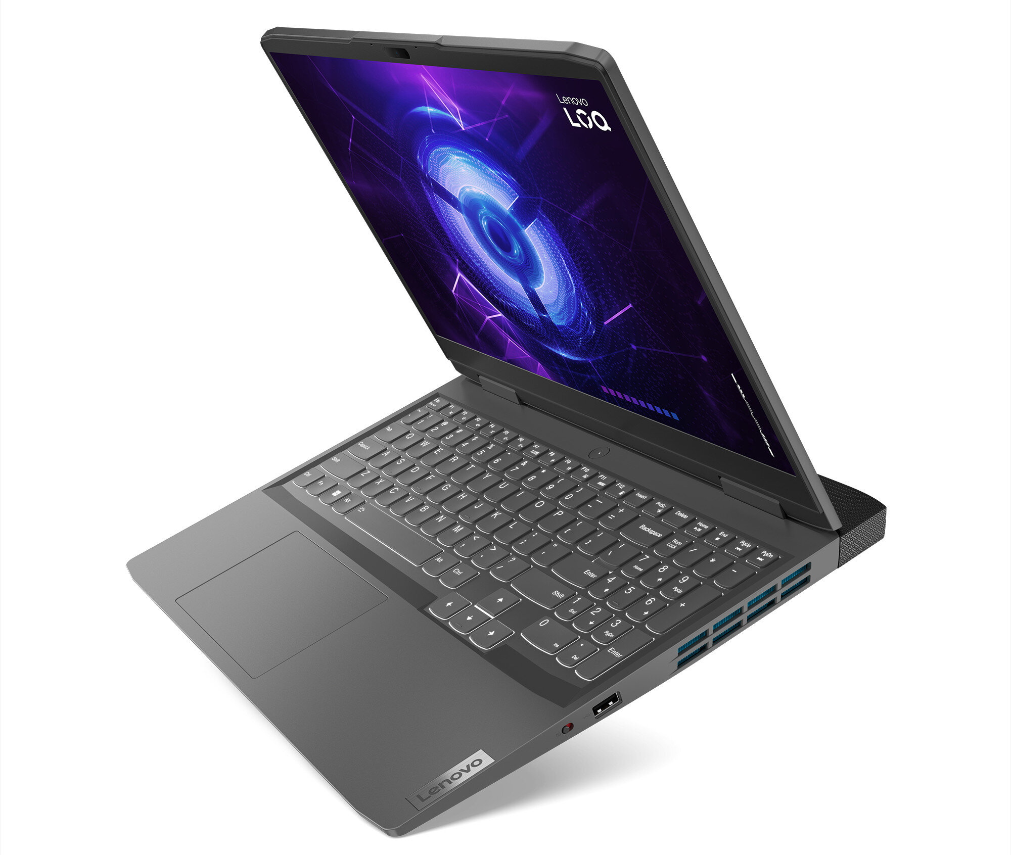 Laptop z ciemnym ekranem i srebrną obudową, skierowany w górę na białym tle.