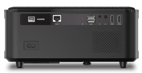 Czarny tył projektora z portami i wejściem zasilania.