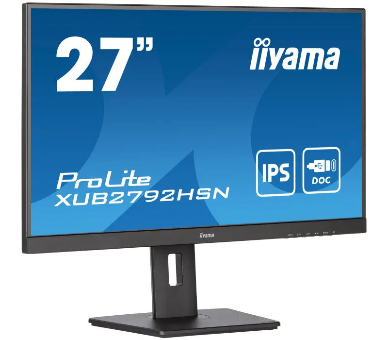 27-calowy monitor iiyama na stojaku. Ma niebieski ekran z tekstem i logo.