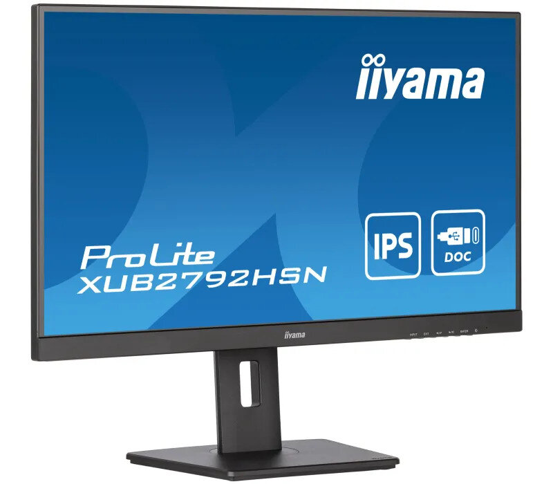 Monitor komputera z niebieskim ekranem, tekstem i logo, czarna ramka.