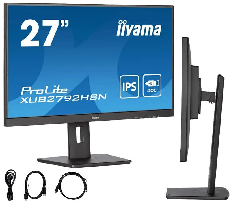 27-calowy czarny monitor komputera ze stojakiem, kablami i białym tłem.
