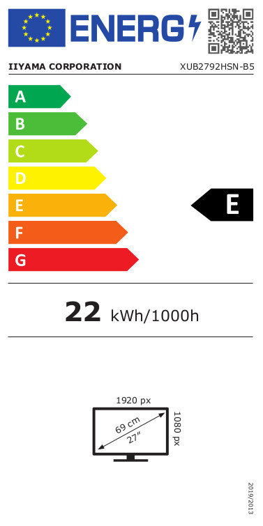 Etykieta efektywności energetycznej wyświetlająca wiele kolorowych pasków i literę 'E'.