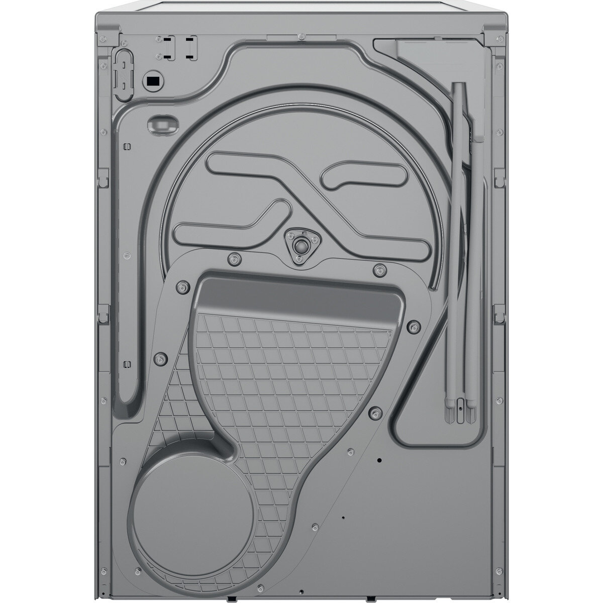 Tył pralki z metalową obudową i różnymi elementami mechanicznymi.