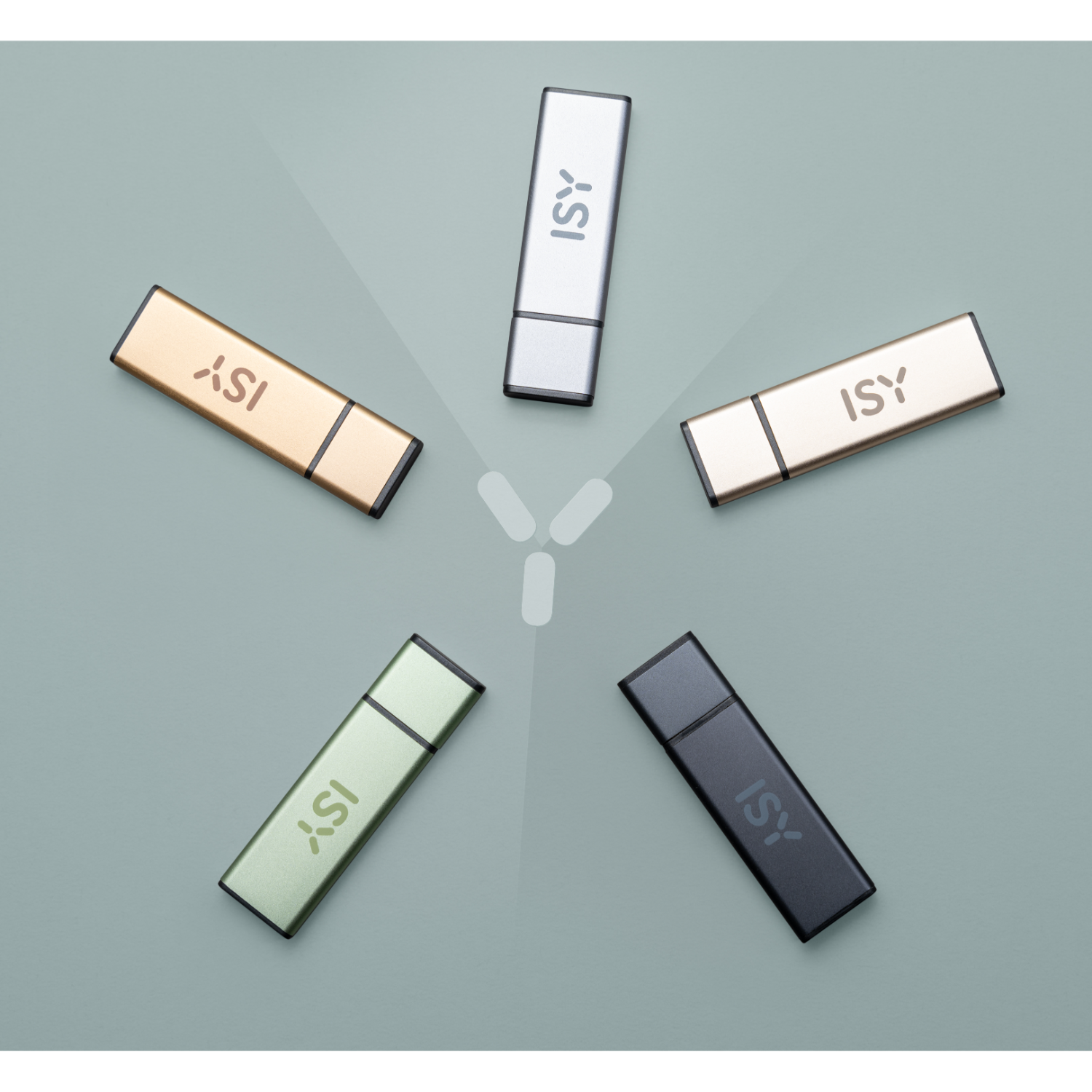 Onderaanzicht van een lichtgroene achtergrond met diverse USB-flashdrives.