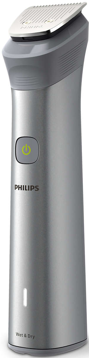 Un regolabarba Philips argento e grigio. Il pulsante di accensione è illuminato.