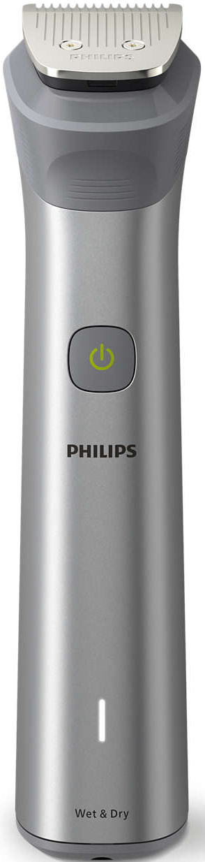 Un Philips Body Groomer grigio e argento con pulsante di accensione.
