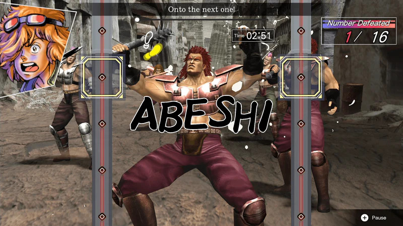Een scène uit een videogame met een personage dat "ABESHI" schreeuwt en andere personages.