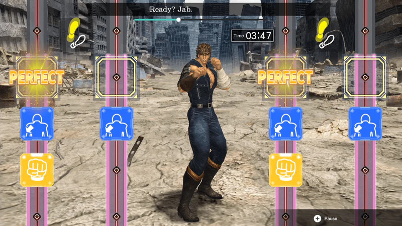 Een scherm van een videogame toont een stripfiguur en vraagt om een stoot. Het woord 'Perfect' wordt weergegeven.