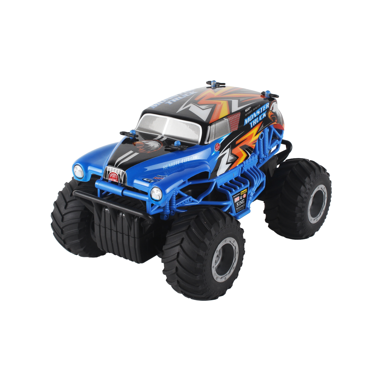 Blauw monstertruckspeelgoed op zwarte achtergrond.