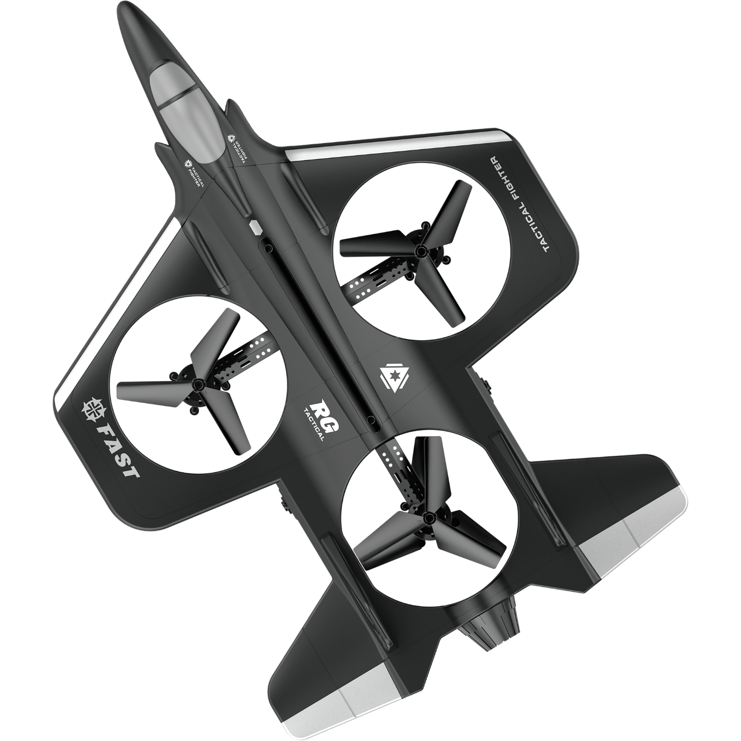 Zwarte drone met propellers. Tekst 'RC Tactical Fighter' zichtbaar.